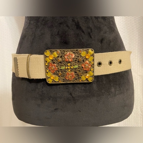 Canvas Beige 1 1/2” Belt Enamel Floral Filigree Buckle Boho Size M/L